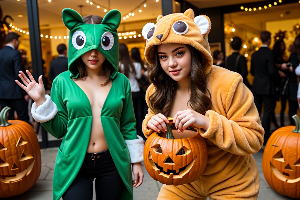 21 year old woman going trick-or-treating in creepy animal costume, nipslip,