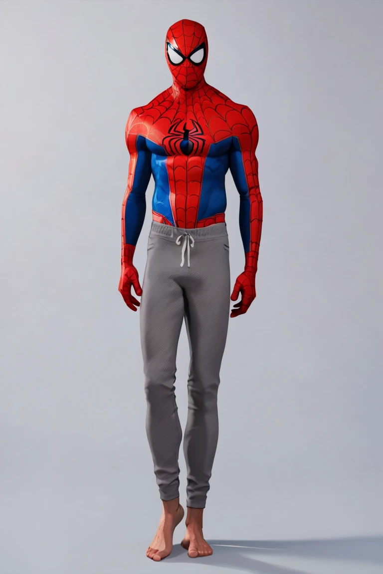 score_9, score_8_up, score_7_up, spidey, 1boy, solo, male focus, mask, superhero, spider web print, red bodysuit, blue bodysuit, multicolored clothes, looking at viewer, full body, superhero, spider web print, red bodysuit, blue bodysuit, multicolored clothes, looking at viewer, full body, from grey pants, barefoot, standing, simple background <lora:Spider-Man (Peter B. Parker) v1.0 SDXL_LoRA_Pony Diffusion V6 XL:0.7> <lora:Smooth Anime 2 Style SDXL_LoRA_Pony Diffusion V6 XL:1>