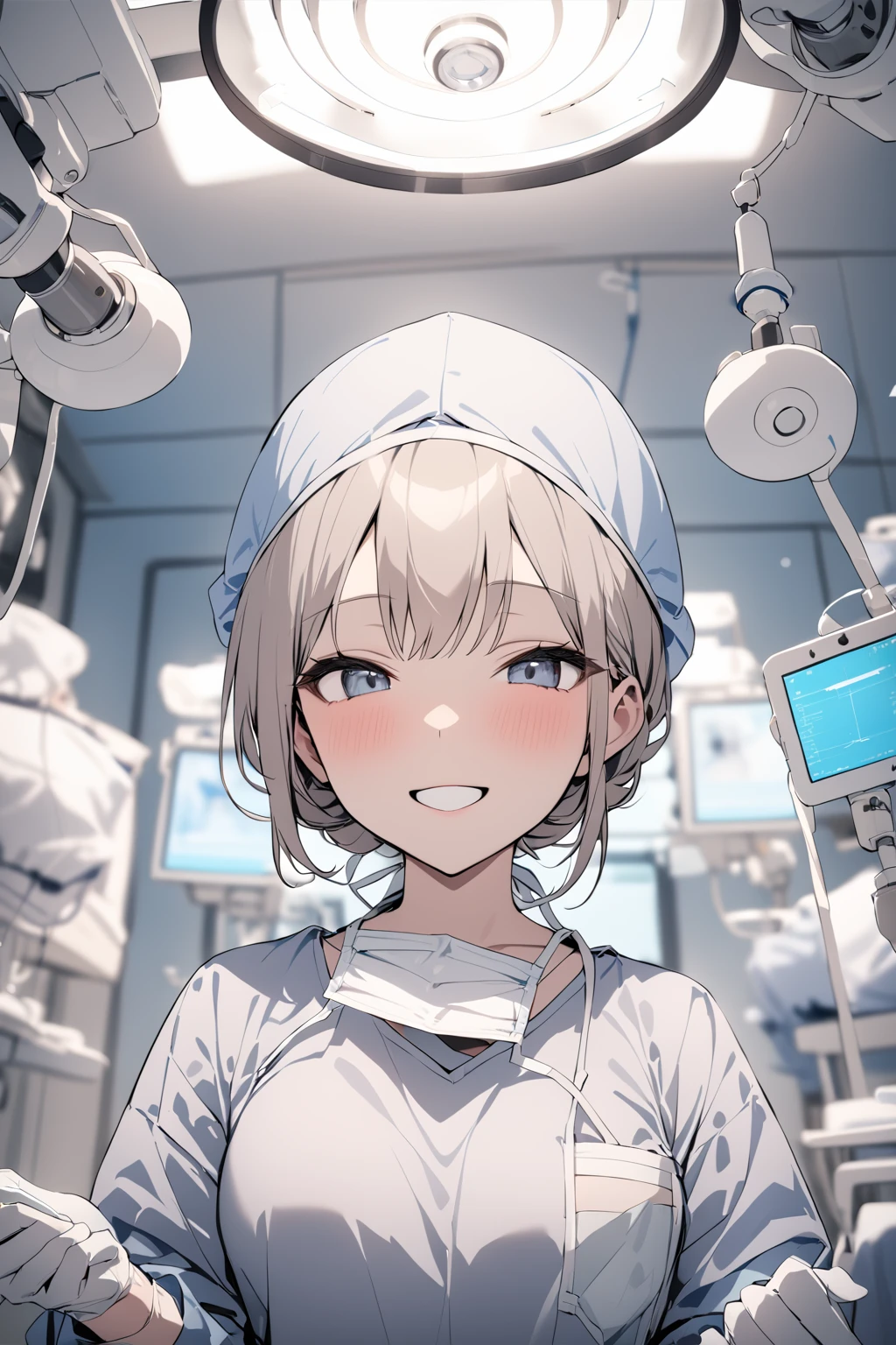 (RAW photo, best quality), 1girl, smile, long sleeve surgical outfit, surgical mask, surgical gloves, surgical cap, operating room, overhead surgical light, blurred background, focused
<lora:concept_surgeon_mask_open_xl_v1-000002:1>, surgical_mask_open, completely_undone, masterpiece, best quality,