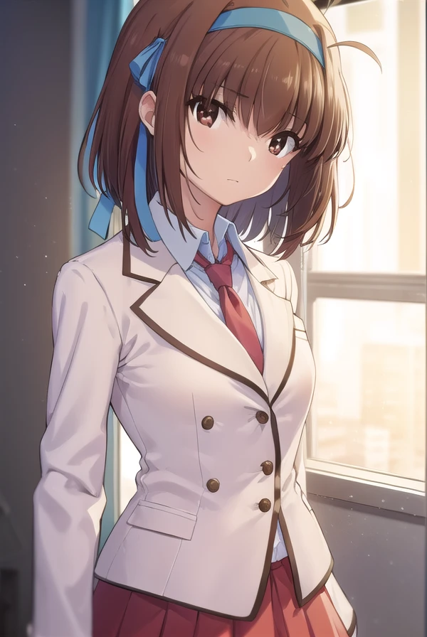 soratakanashi, <lora:sora takanashi s1-lora-nochekaiser:1>,
sora takanashi, short hair, brown hair, ribbon, (brown eyes:1.5), hair ribbon, ahoge, hairband, blue ribbon, blue hairband,
BREAK skirt, school uniform, jacket, necktie, blazer, (pink blazer:1.2), (red skirt:1.2),
BREAK indoors, classroom,
BREAK looking at viewer, (cowboy shot:1.5),
BREAK <lyco:GoodHands-beta2:1>, (masterpiece:1.2), best quality, high resolution, unity 8k wallpaper, (illustration:0.8), (beautiful detailed eyes:1.6), extremely detailed face, perfect lighting, extremely detailed CG, (perfect hands, perfect anatomy),