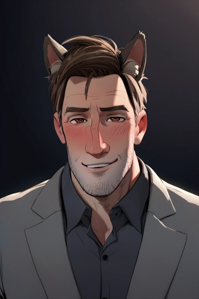 peterbparker, 1boy, solo, male focus, mature male, short hair, brown hair, brown eyes, thick eyebrows, facial hair, stubble, formal, collared shirt, grey suit, looking at viewer, smile, upper body, smile, blush, cat ears, animal ears, simple background, masterpiece, best quality <lora:Spider-Man (Peter B. Parker) v1.0 SDXL_LoRA_Animagine XL V3:0.85>