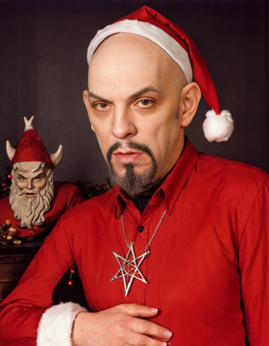 Professional color Photo of Anton LaVey as ((santa claus)) <lora:AntonLaVey-32x100:0.7>