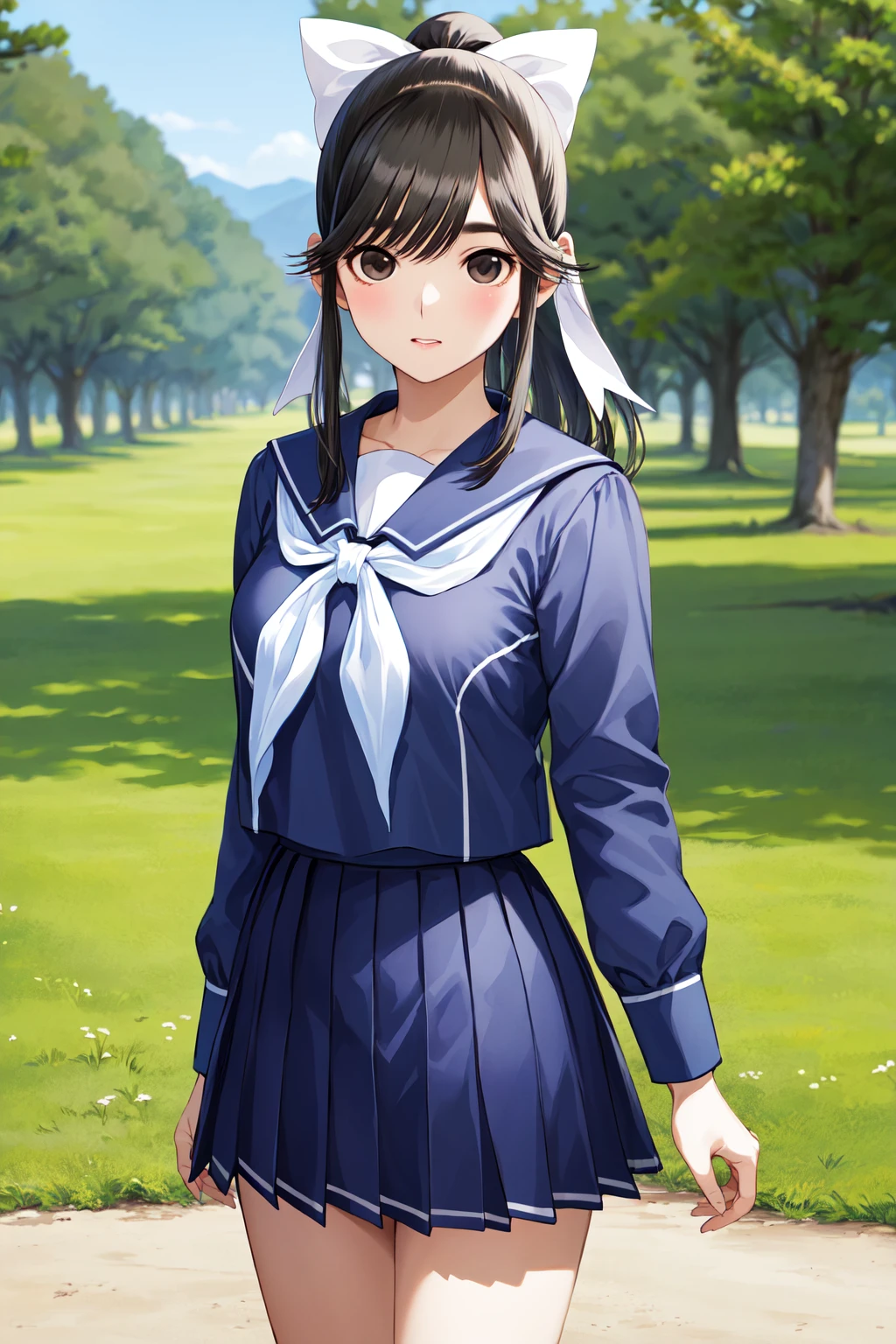 masterpiece, best quality, highres, aamanaka, long hair, ponytail, hair bow, blue serafuku, blue shirt, long sleeves, blue sailor collar, white neckerchief, pleated skirt, blue skirt, <lora:takane_manaka_v1:0.7>, standing, cowboy shot, outdoors