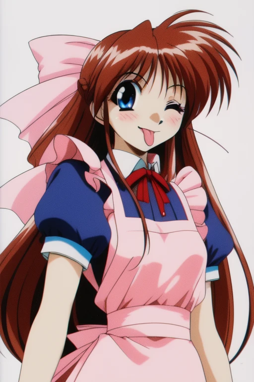 <lora:Hinomori_Azusa:1>,  HinomoriAzusa, 1girl, solo, one eye closed, v, ribbon, short sleeves, bow, tongue, apron, very long hair, hair ribbon, tongue out, waitress, wrist cuffs, wristband, plaid background, frills, looking at viewer, smile, ;p, checkered background, blush, open mouth, bangs, red ribbon, 1990s (style), dress, puffy sleeves
masterpiece, high quality, very_high_resolution, large_filesize, full color,