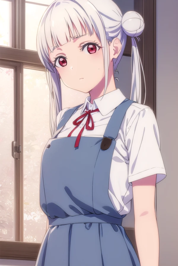 chisatoarashi, <lora:chisato arashi s2-lora-nochekaiser:1>,
chisato arashi, long hair, bangs, (red eyes:1.3), twintails, white hair, blunt bangs, hair bun, double bun,
BREAK shirt, dress, ribbon, school uniform, white shirt, short sleeves, collared shirt, red ribbon, neck ribbon, pinafore dress, grey dress, summer uniform, yuigaoka school uniform,
BREAK indoors, classroom,
BREAK looking at viewer, (cowboy shot:1.5),
BREAK <lyco:GoodHands-beta2:1>, (masterpiece:1.2), best quality, high resolution, unity 8k wallpaper, (illustration:0.8), (beautiful detailed eyes:1.6), extremely detailed face, perfect lighting, extremely detailed CG, (perfect hands, perfect anatomy),