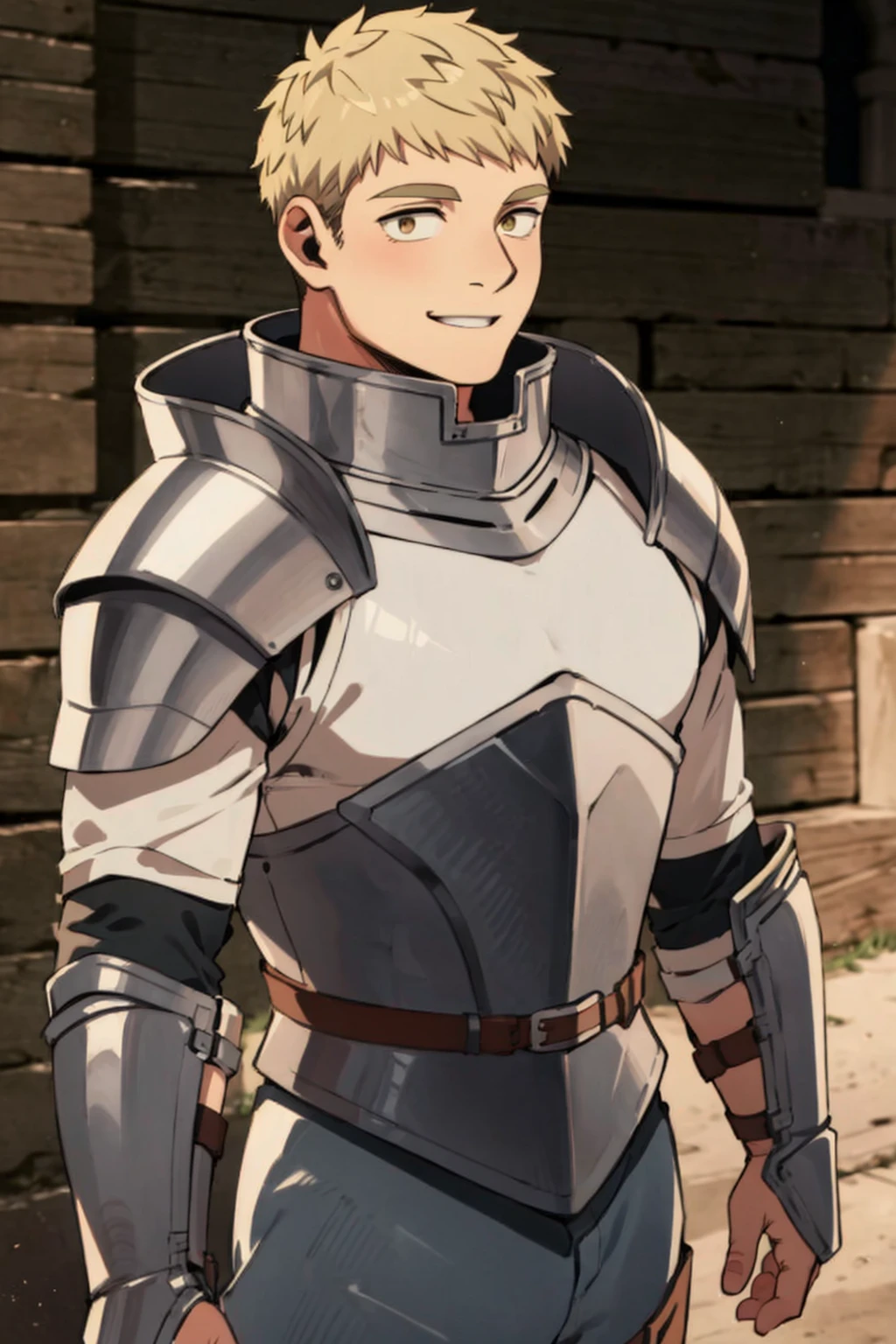 (1 image only),  solo male,  1boy,  Laios Touden,  Delicious in Dungeon,  knight,  blond hair,  short hair,  light gold eyes,  average height,  silver plate armour,  silver gauntlets,  white shirt under armor,  silver knee guards,  simple brown boots,  smile,  handsome,  charming,  alluring,  standing,  upper body in frame,  perfect anatomy,  perfect proportions,  2d,  anime,  (best quality,  masterpiece),  (perfect eyes,  perfect eye pupil),  high_resolution,  dutch angle,  dungeon location,  (Hands:1.1),  better_hands,<lora:EMS-498-EMS:0.300000>,<lora:EMS-290586-EMS:0.600000>