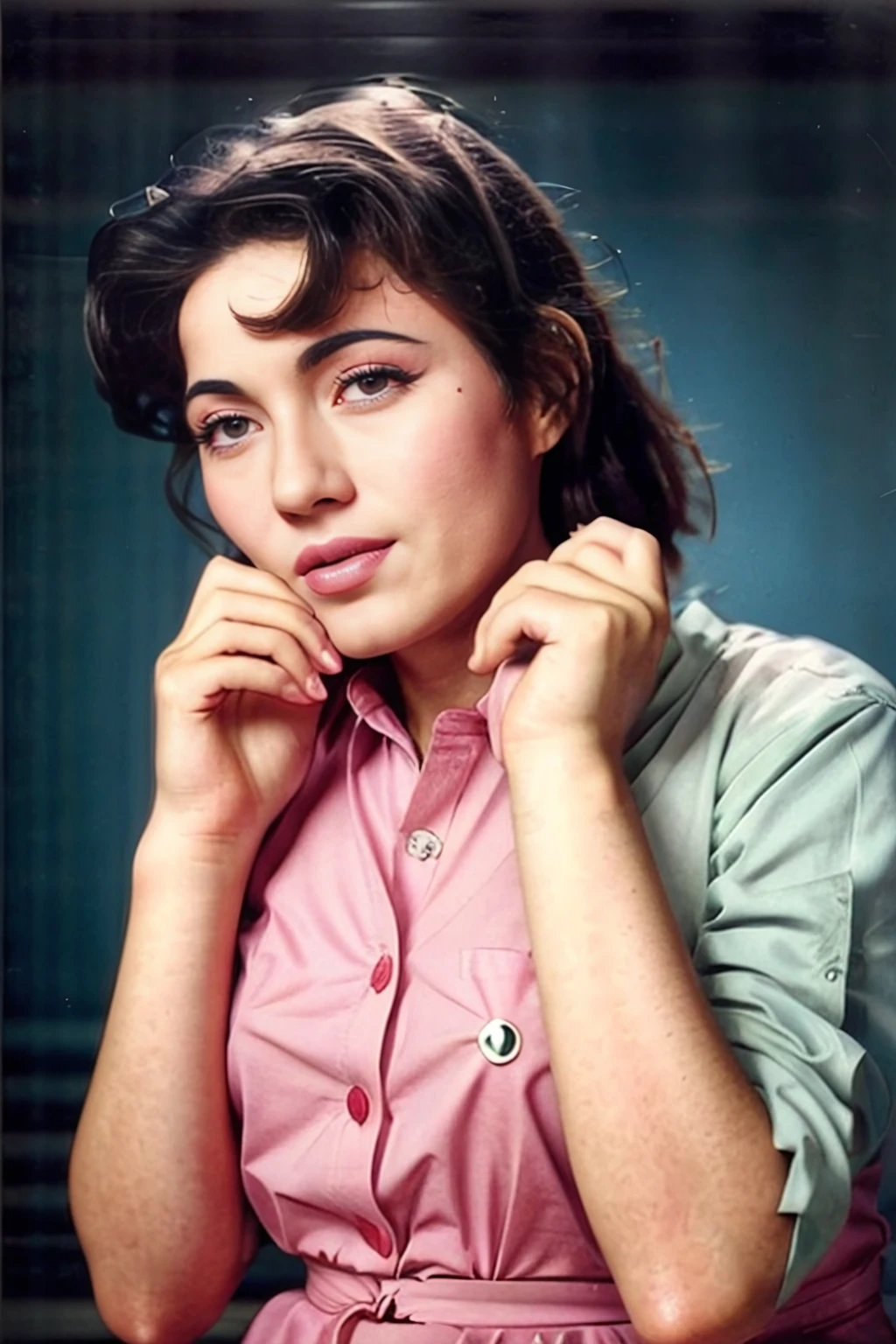 photo of mdbla woman, 50s analog look, wearing conservative elegant Pink clothing, dynamic pose, healthy skin, perfect face looking at camera, naughty expression, accurate anatomy, perfect hands and fingers, simple contrasting background, film grain <lora:mdbla_Madhubala_SD15_LoRA_prodigy_local_regs-000003:1>