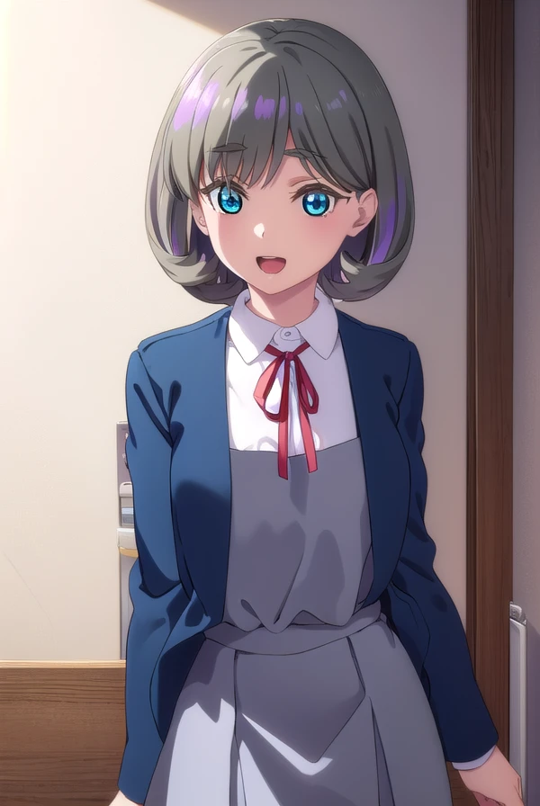 keketang, <lora:keke tang s2-lora-nochekaiser:1>,
keke tang, short hair, blue eyes, grey hair, multicolored hair, streaked hair, smile, open mouth, teeth,
BREAK shirt, dress, ribbon, school uniform, jacket, white shirt, open clothes, collared shirt, open jacket, red ribbon, neck ribbon, blue jacket, pinafore dress, grey dress, yuigaoka school uniform,
BREAK indoors, classroom,
BREAK looking at viewer, (cowboy shot:1.5),
BREAK <lyco:GoodHands-beta2:1>, (masterpiece:1.2), best quality, high resolution, unity 8k wallpaper, (illustration:0.8), (beautiful detailed eyes:1.6), extremely detailed face, perfect lighting, extremely detailed CG, (perfect hands, perfect anatomy),