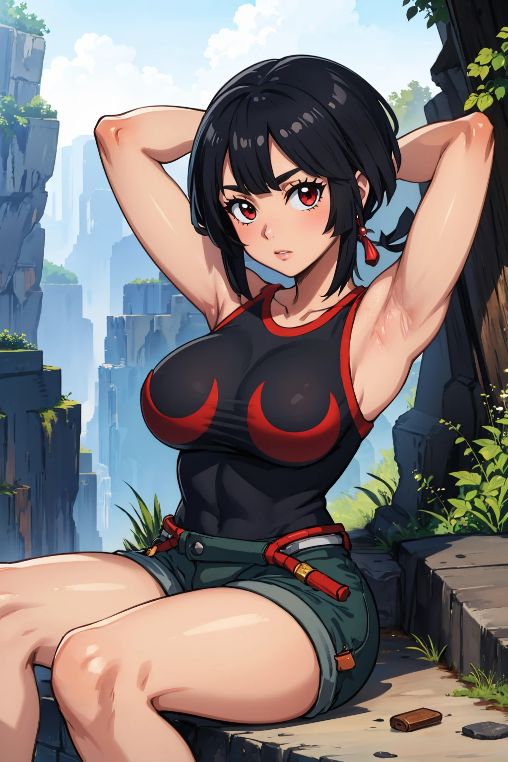 masterpiece, best quality, <lora:zinnia-nvwls-v1-000009:0.9> defZinnia, black shirt, sleeveless shirt, short shorts, large breasts, sitting, on ground, dirt, cliffs, arms behind head, looking at viewer, confused
