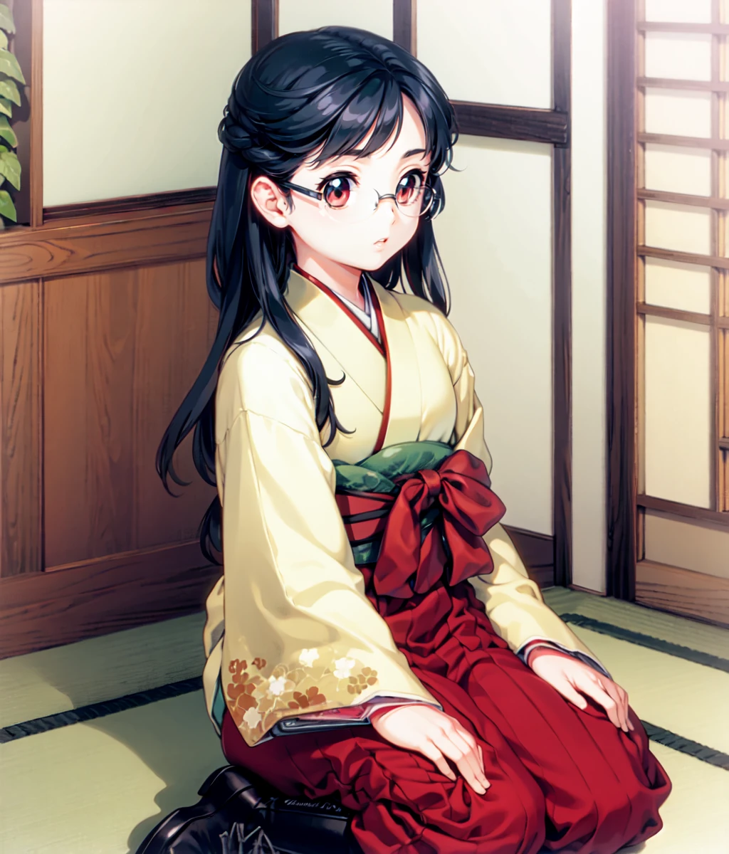 masterpiece, anime screencap, 1 girl, solo, black hair, long hair, japanese clothes, long sleeves, red hakama, boots, round glasses, full body, cowboy shot, indoors, dojo, <lora:Sanae:1>