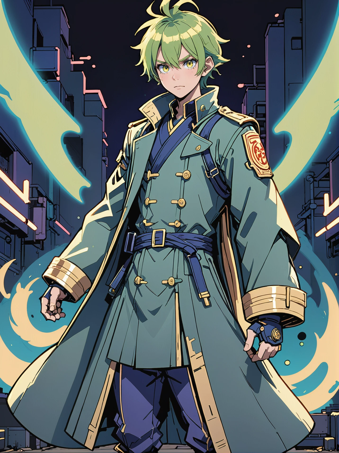 anime style, (full body:1.2), 1boy, man, solo, [:creative costume design,:0.2] warlord, blueviolet trenchcoat, chinese, glowing greenyellow hair, (athletic:1.3) build, Permanently Shadowed Regions<lora:EnvyLineArtSliderXL01:1><lora:EnvyBetterHiresFixXL01:0@0,0@.49,1@.5:hr=1>