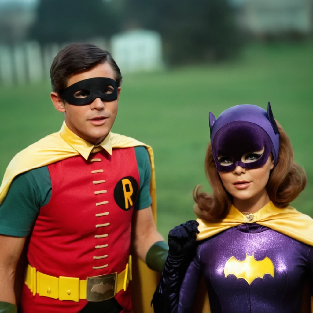 cinematic film still of <lora:Batman1966 Style:1>
robin and batgirl,In year 1966,a man and woman dressed in costumes posing for a picture,Bama1966 Style, shallow depth of field, vignette, highly detailed, high budget, bokeh, cinemascope, moody, epic, gorgeous, film grain, grainy