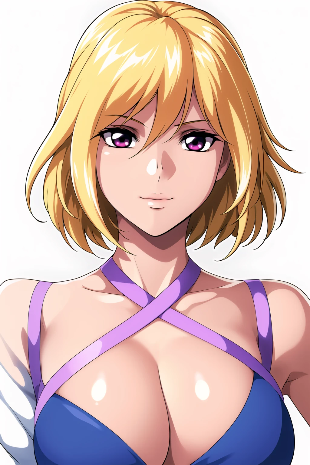 Simple White Background,
blue dress, halterneck, halter dress,bare shoulders, collarbone, cleavage cutout, 
<lora:stella_loussier_SEEDDestiny-KK77-V1:0.7>,
pink eyes, blonde hair,bangs,short hair,
<lora:Oda_Non_Style-KK77-V2:0.3>,<lora:more_details:0.1>,
1 girl, 20yo,Young female,Beautiful long legs,Beautiful body,
Beautiful Nose,Beautiful character design, perfect eyes, perfect face,expressive eyes,perfect balance,
looking at viewer,(Focus on her face),closed mouth, (innocent_big_eyes:1.0),(Light_Smile:0.3),
official art,extremely detailed CG unity 8k wallpaper, perfect lighting,Colorful, Bright_Front_face_Lighting,White skin,
(masterpiece:1.0),(best_quality:1.0), ultra high res,4K,ultra-detailed,
photography, 8K, HDR, highres, absurdres:1.2, Kodak portra 400, film grain, blurry background, bokeh:1.2, lens flare, (vibrant_color:1.2),professional photograph,
(Beautiful,large_Breasts:1.4), (beautiful_face:1.5),(narrow_waist),