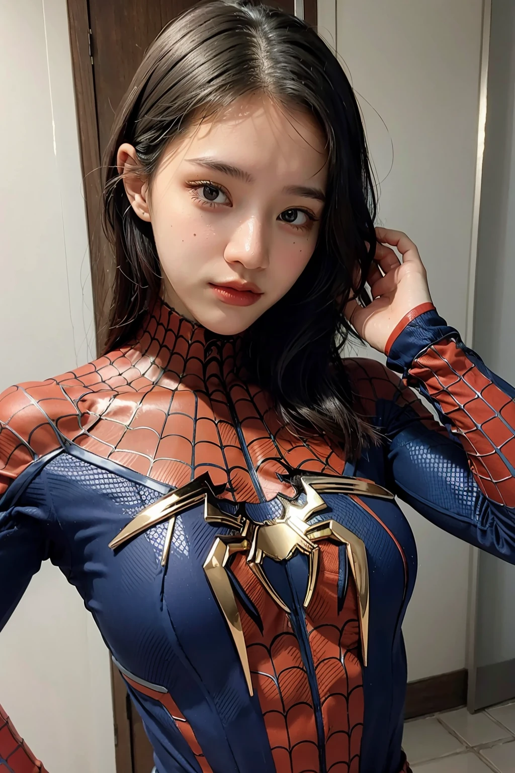 (masterpiece), best quality, perfect face, 18yo GIRL, spiderman suit, <lora:asian_sexdoll-02:1>