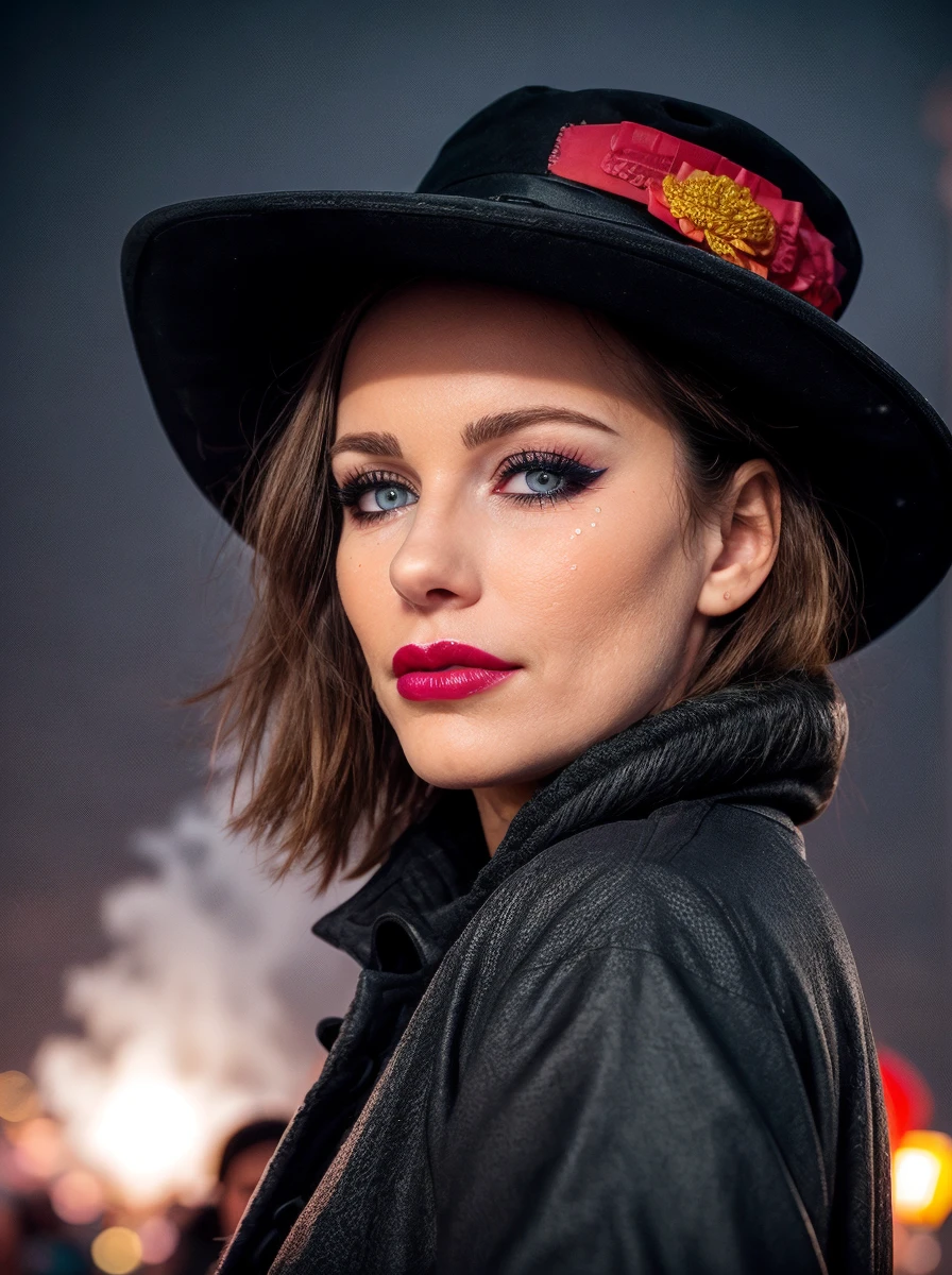 ,a happy woman, makeup, hot pink lipstick, eye liner, <lora:quiron_KylaCole_v1_lora:0.86> KylaColeQuiron,, festival party, lights, fireworks, chinese festival, crowded, new year celebration ,
east asian architecture, paper lantern, realistic, , red (Chinese lanterns ) in background, fog, fireworks and fog far background, fire, lighting, intricate detailed,, skin pores, perfect iris, perfect eyes, serious, portrait, linkedin, grey background,