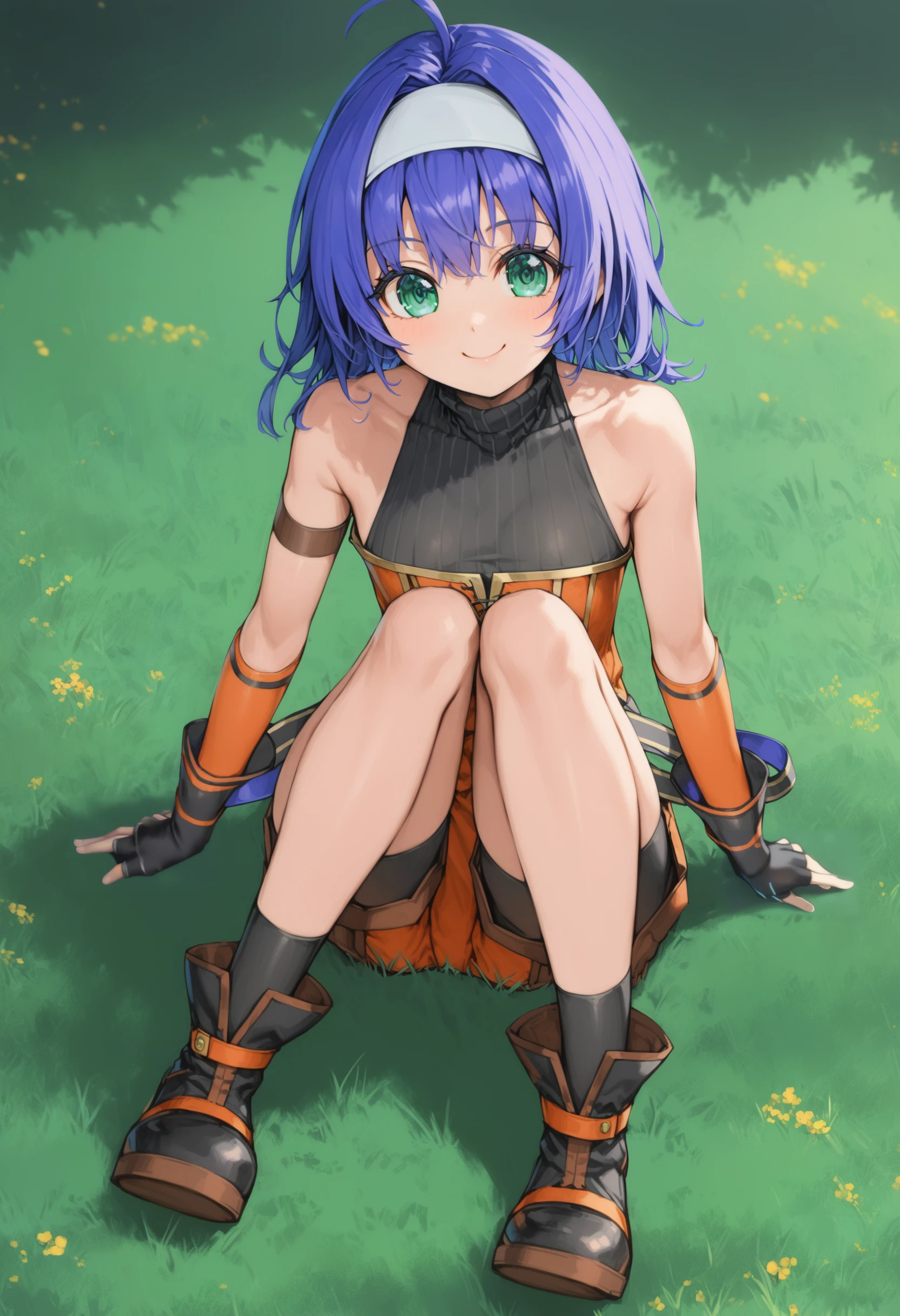 1girl,<lora:young miaXLV2:1>,young mia,medium hair,white hairband,armband,fingerless gloves,sleeveless turtleneck,overalls,bike shorts,bike shorts under shorts,boots,full body,sitting,on grass,smile,grass,blue sky,ultra-detailed, best quality,masterpiece