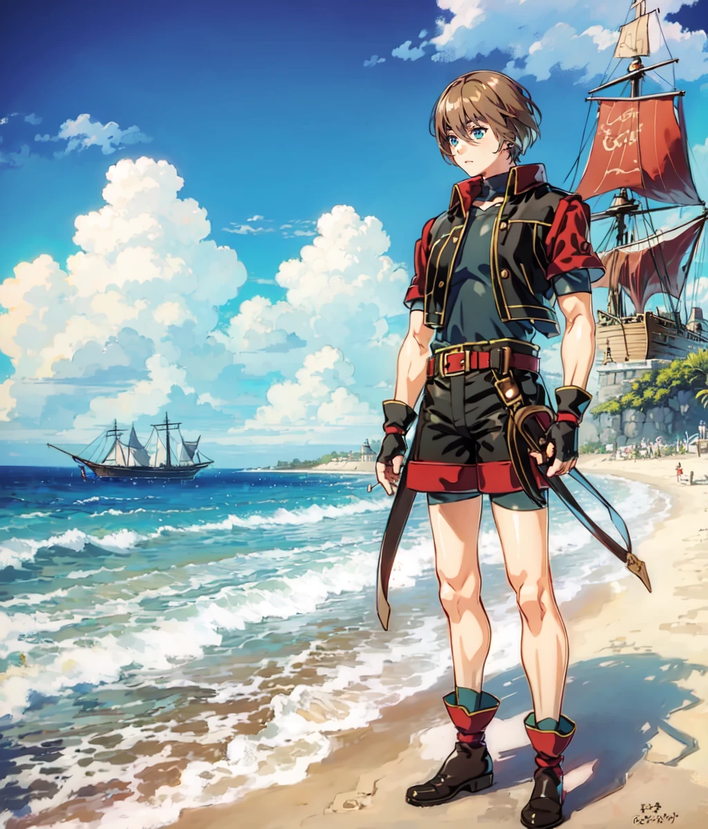 masterpiece, anime screencap, 1 boy, solo, short hair, brown hair, black outfit, shorts, fingerless gloves, outdoors, beach, pirate ship, cowboy shot, full body <lora:Lazlo:1>