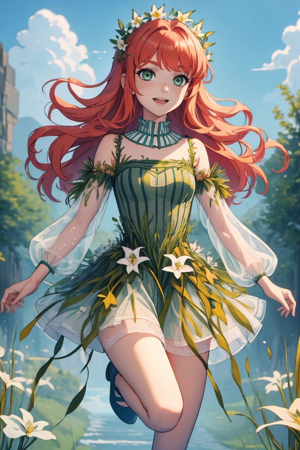 best quality, masterpiece, colorful, <lora:NSRusalka:1> NSRusalka, wearing NSRusalka,  <lora:NSGingerPortia:0.8> NSGingerPortia, green eyes, freckles, smile, jumping, full body shot