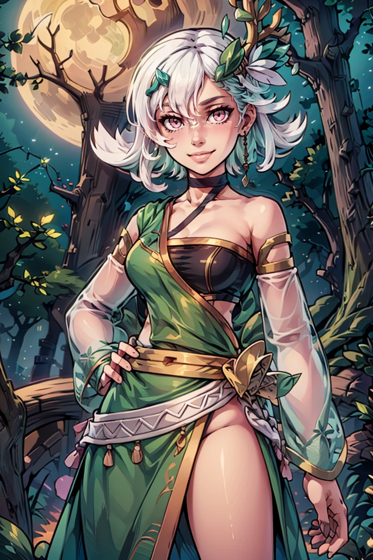 ((masterpiece,best quality)), absurdres,
<lora:Lily_Everhart_v2:0.8>, Lily_Everhart, white hair,
magical forest, tress, moon,
looking at viewer, smile, hair ornament, dress, bare shoulders, jewelry, medium breasts, closed mouth, collarbone, earrings, detached sleeves, choker, pink eyes, see-through, black choker, green dress, see-through sleeves,
solo, looking at viewer,
from below, dutch angle, looking down, smug, hand on hip,