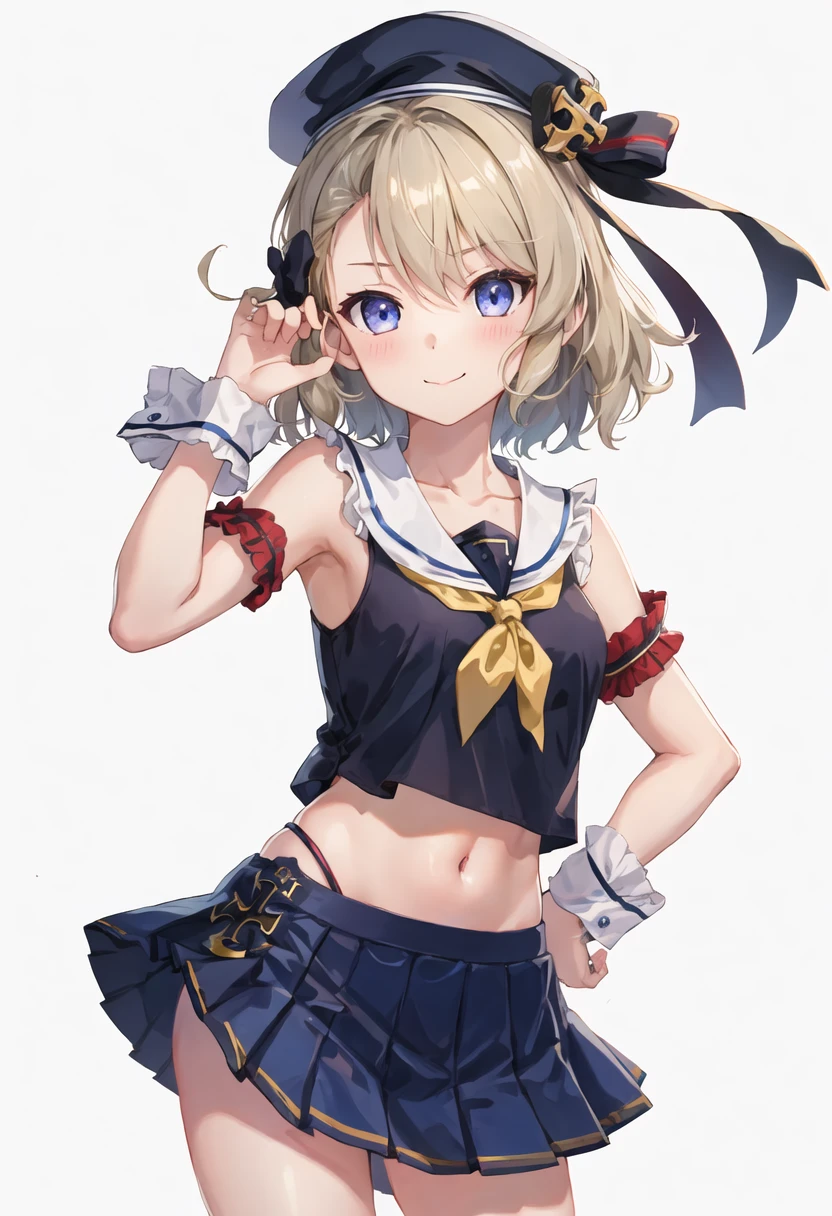 best quality, masterpiece, highres, solo, {z23_azurlane:0.90}, blue_shirt, blush, looking_at_viewer, midriff, wrist_cuffs, 1girl, blue_headwear, blue_skirt, crop_top, navel, neck_ribbon, sleeveless_shirt, white_sailor_collar, frills, pleated_skirt, smile, yellow_ribbon, bare_shoulders, collarbone, white_background, hair_between_eyes, simple_background, blue_serafuku, closed_mouth, hand_on_hip, hand_up, anchor_symbol, shorts_under_skirt, standing