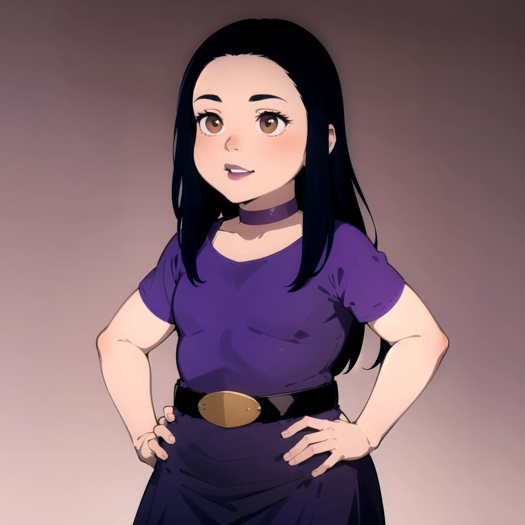solo, 1girl, child, belt, black hair, brown eyes, choker, debbie hyman, dress, long hair, makeup, purple dress, short sleeves, <lora:Debbie_Hyman_Leaf3:0.8>, cowboy shot, gradient background, hands on hips,