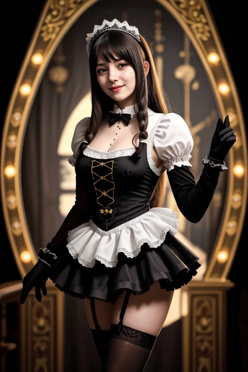 ((1 girl, 22 y.o, Masterpiece, best quality, cinematic lighting, 8k, full body shot, long hair, hourglass body)), (smile:0.85), (realistic background:1.2)
<lora:Maid_X23_By_Stable_yogi:0.8> maid headdress, maid outfit, black gloves, black thighhighs, high heels