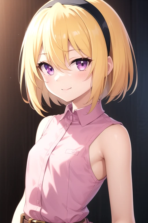 ((masterpiece)),(best quality),official art,extremely detailed CG,unity 8k wallpaper,ultra detailed,beautiful detailed eyes,extremely detailed face,1girl,solo,upper body,(portrait:1.5),looking at viewer,facing viewer,smile,(petite:1.3),houjou satoko,short hair,black hairband,blonde hair,violet eyes,hair between eyes,collared shirt,sleeveless shirt,pink shirt,shirt tucked in,small breasts,belt,short shorts,blue shorts,white socks,pink footwear,<lora:Houjou Satoko(hnnk)>,