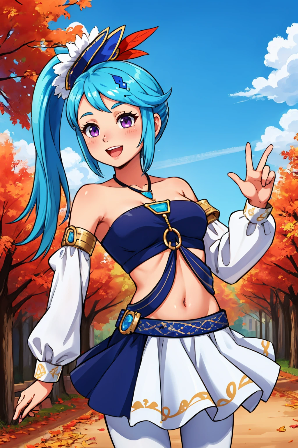 masterpiece, best quality, <lora:hwlana-nvwls-v1-000009:0.9> hwlana, side ponytail, hair ornament, necklace, bare shoulder, blue crop top, midriff, harness, belt, white skirt, white pantyhose, profile, looking at viewer, smile, sky, village, autumn, :D