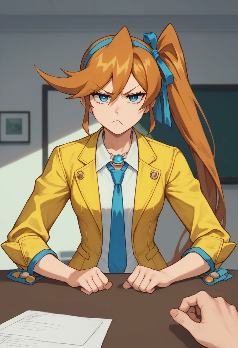 score_9, score_8, score_7, source_anime,
rating_general,
<lora:athena-ponyxl-000008:1> aacykes, hair ribbon, high side ponytail,
necktie, yellow jacket, yellow skirt,
1girl, pout, pov across table