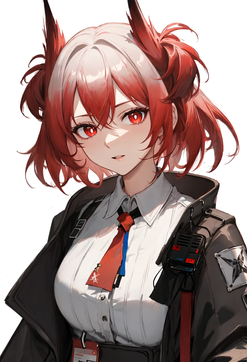 best quality, masterpiece, highres, solo, {fiammetta_arknights:0.90}, 1girl, black_jacket, collared_shirt, white_shirt, open_jacket, red_necktie, upper_body, looking_at_viewer, closed_mouth, simple_background, white_background
