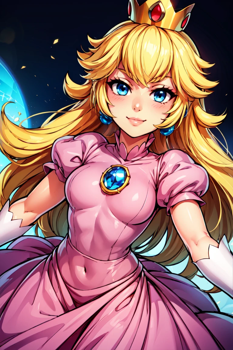 (masterpiece, best quality), 1girl,    <lora:princesspeach-lora-nochekaiser:1>, princess peach, blonde hair, blue eyes, smile, long hair, crown, dress, gem, gloves, pink dress, puffy short sleeves, puffy sleeves, short sleeves, white gloves,