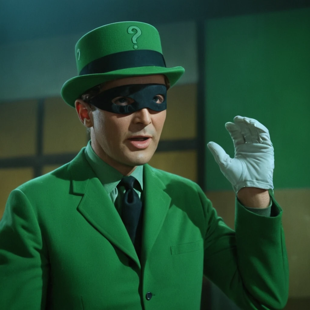 cinematic film still of  <lora:Batman1966 Style:1>
Riddler,In year 1966,a man in a green suit and hat,Bama1966 Style,solo,shirt,gloves,1boy,hat,jacket,upper body,male focus,necktie,formal,suit, classic,vintage,retro,dramatic light,film look,cinematic , Gotham City, batman universe, ba_ma style, batman style, batman1966 style, shallow depth of field, vignette, highly detailed, high budget, bokeh, cinemascope, moody, epic, gorgeous, film grain, grainy