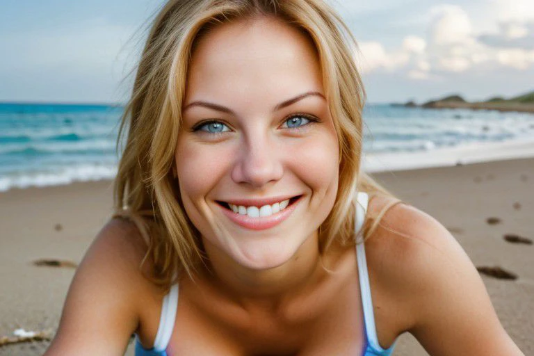 Jennifer, lying on a beach, Tanktop, happy, photo of perfectsmile smile, photo of perfecteyes eyes