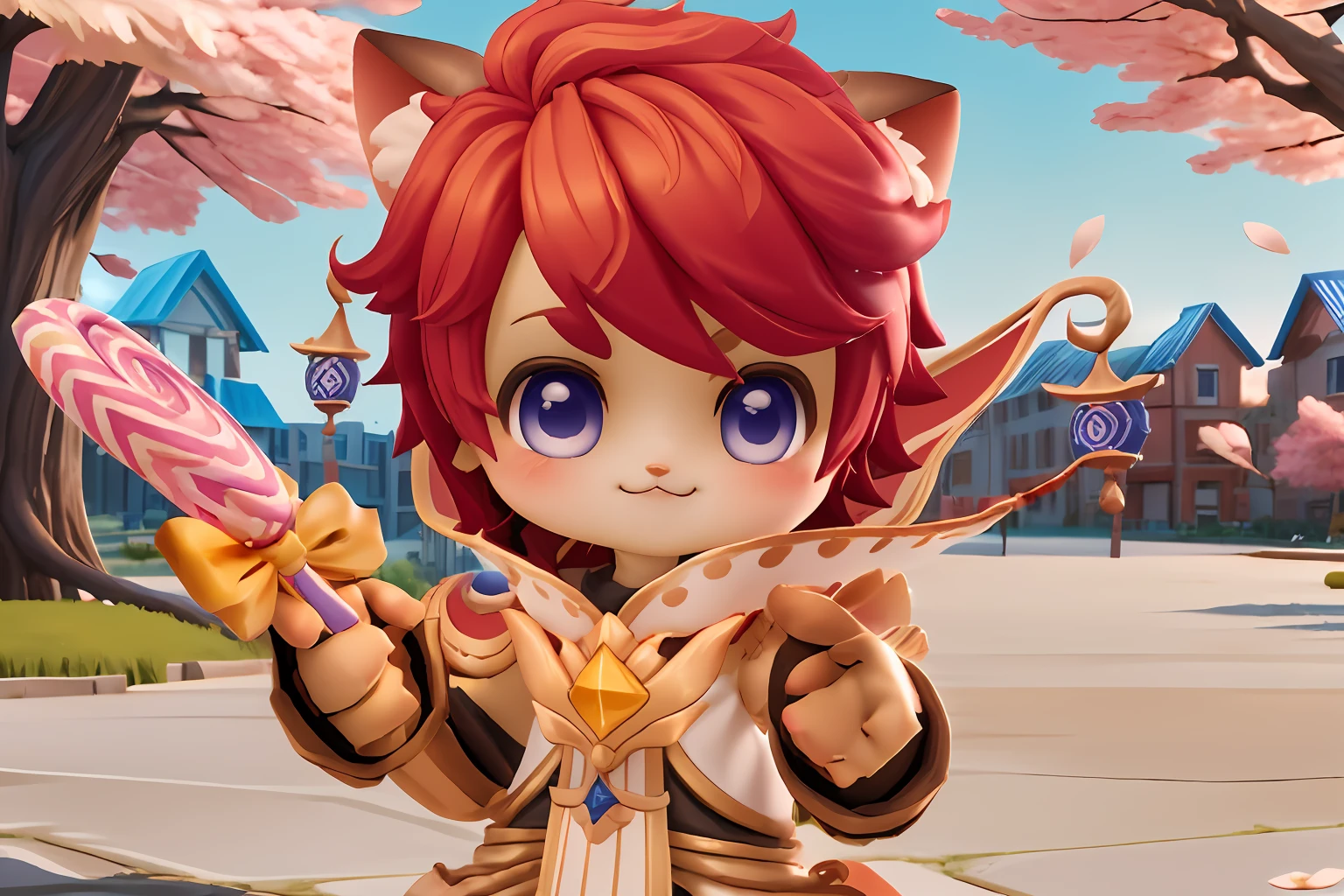 chibi, masterpiece, best quality, ultra-detailed, 1boy, solo, red hair,  ragnarok_doram_m, smile, holding candy, holding lollipop,  cowboy shot, looking at viewer,  cherry blossoms, Golden hour gleam theme, vivid colors, tranquil and magical atmosphere, cartoon rendering,
<lora:ragnarok_doram_m-10:0.8> <lora:add_detail:0.5>