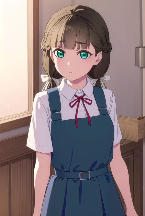 kinakosakurakouji, <lora:kinako sakurakouji s2-lora-nochekaiser:1>,
kinako sakurakouji, long hair, bangs, brown hair, twintails, (green eyes:1.3), hair ribbon, braid, blunt bangs, low twintails,
BREAK shirt, dress, ribbon, school uniform, jacket, white shirt, open clothes, collared shirt, open jacket, red ribbon, neck ribbon, blue jacket, pinafore dress, grey dress, yuigaoka school uniform,
BREAK indoors, classroom,
BREAK looking at viewer, (cowboy shot:1.5),
BREAK <lyco:GoodHands-beta2:1>, (masterpiece:1.2), best quality, high resolution, unity 8k wallpaper, (illustration:0.8), (beautiful detailed eyes:1.6), extremely detailed face, perfect lighting, extremely detailed CG, (perfect hands, perfect anatomy),