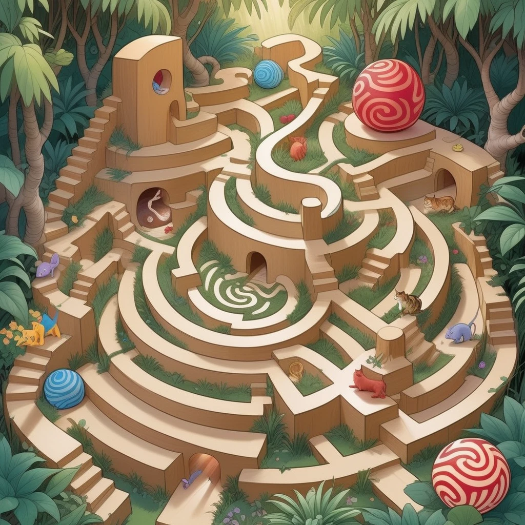Create a whimsical cartoon-style maze, intricately designed with paths weaving through a vibrant landscape of oversized yarn balls, fishbones, and playful mice. At the heart of this labyrinth, a cartoonish, wide-eyed cat eagerly awaits, its fur patterned with exaggerated stripes. The walls of the maze are adorned with catnip plants and scratch posts, adding to the playful chaos. Each turn and corner introduces a new, delightful challenge, inviting the viewer to navigate through this feline paradise. <lora:maze:0.75>