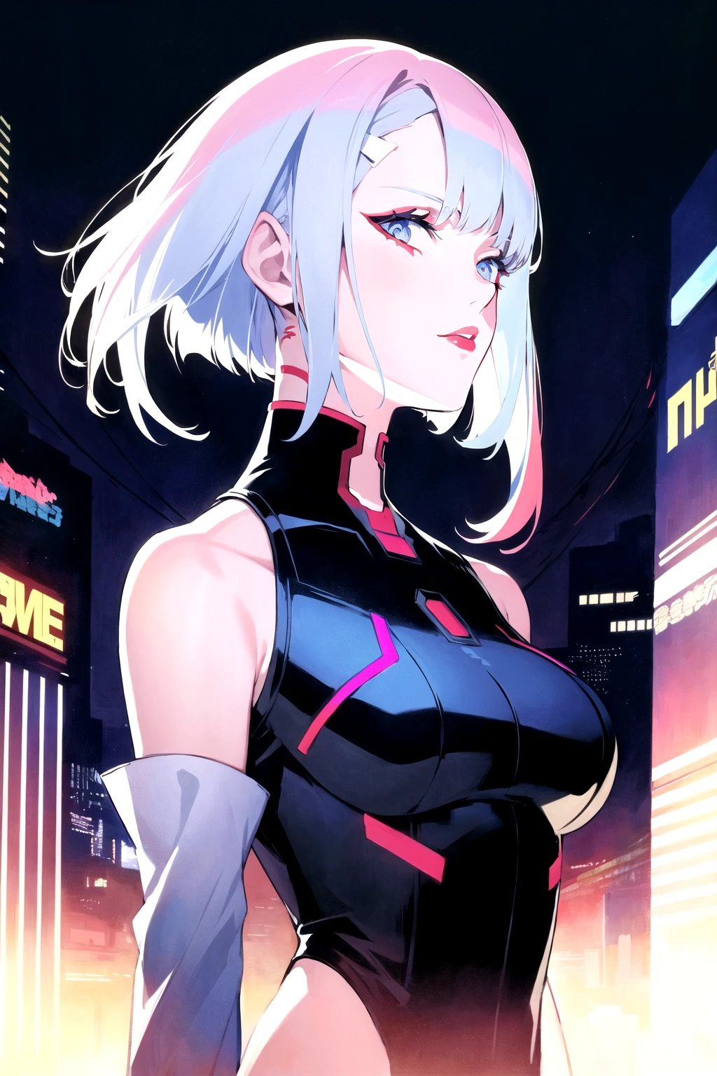 masterpiece, best quality, lucy \(cyberpunk\), <lora:lucy_offset:1>, bob cut, short hair, asymmetrical hair, multicolored hair, 1girl, solo, pale skin, red lips, detached sleeves, beautiful eyes, upper body, outdoors, looking at viewer, beautiful and aesthetic, official art, professional illustration, hires, amazing, absurdres