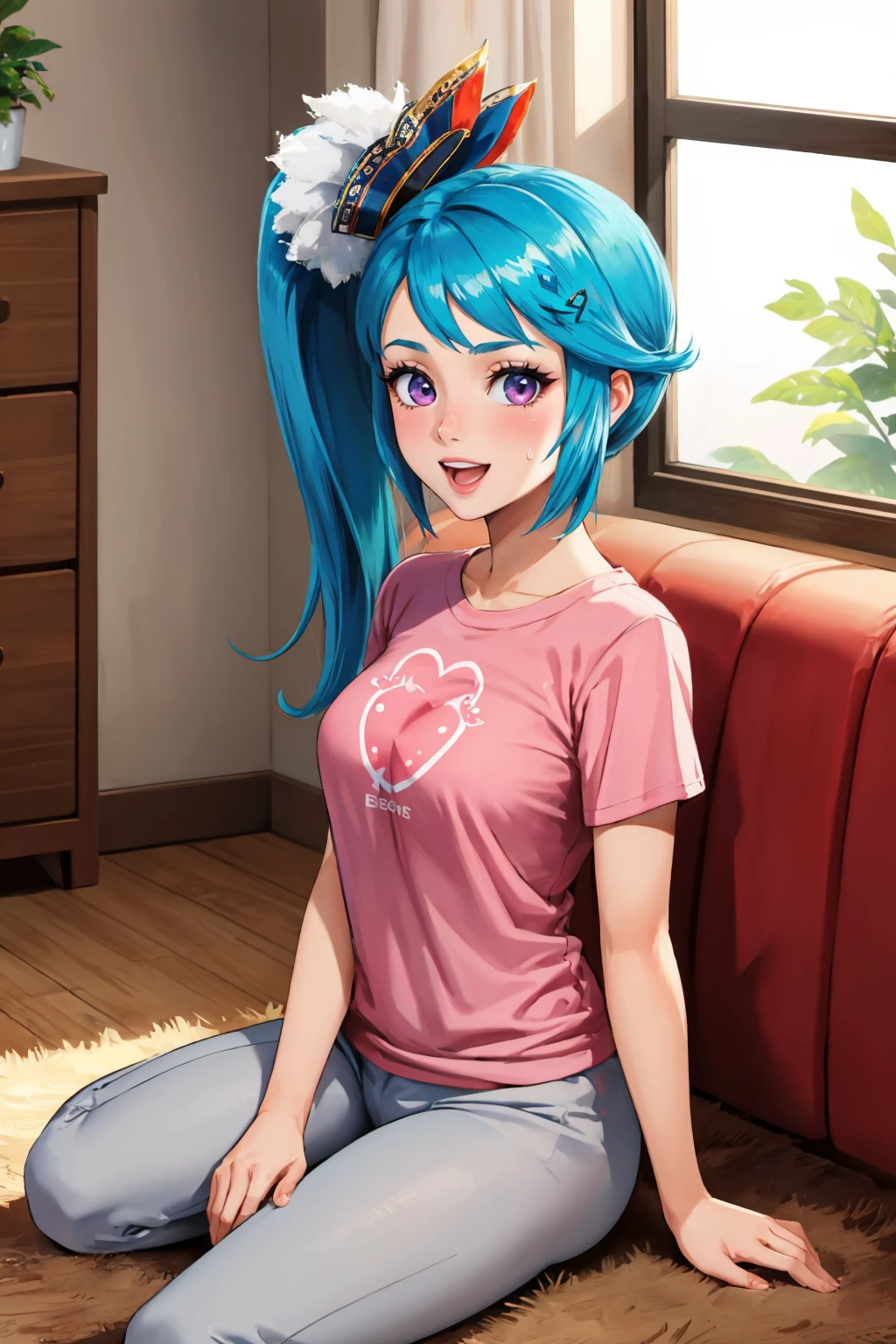 masterpiece, best quality, <lora:hwlana-nvwls-v1-000009:0.9> hwlana, side ponytail, hair ornament, pink t-shirt, sweatpants, sitting, on ground, indoors, couch, :D, looking at viewer