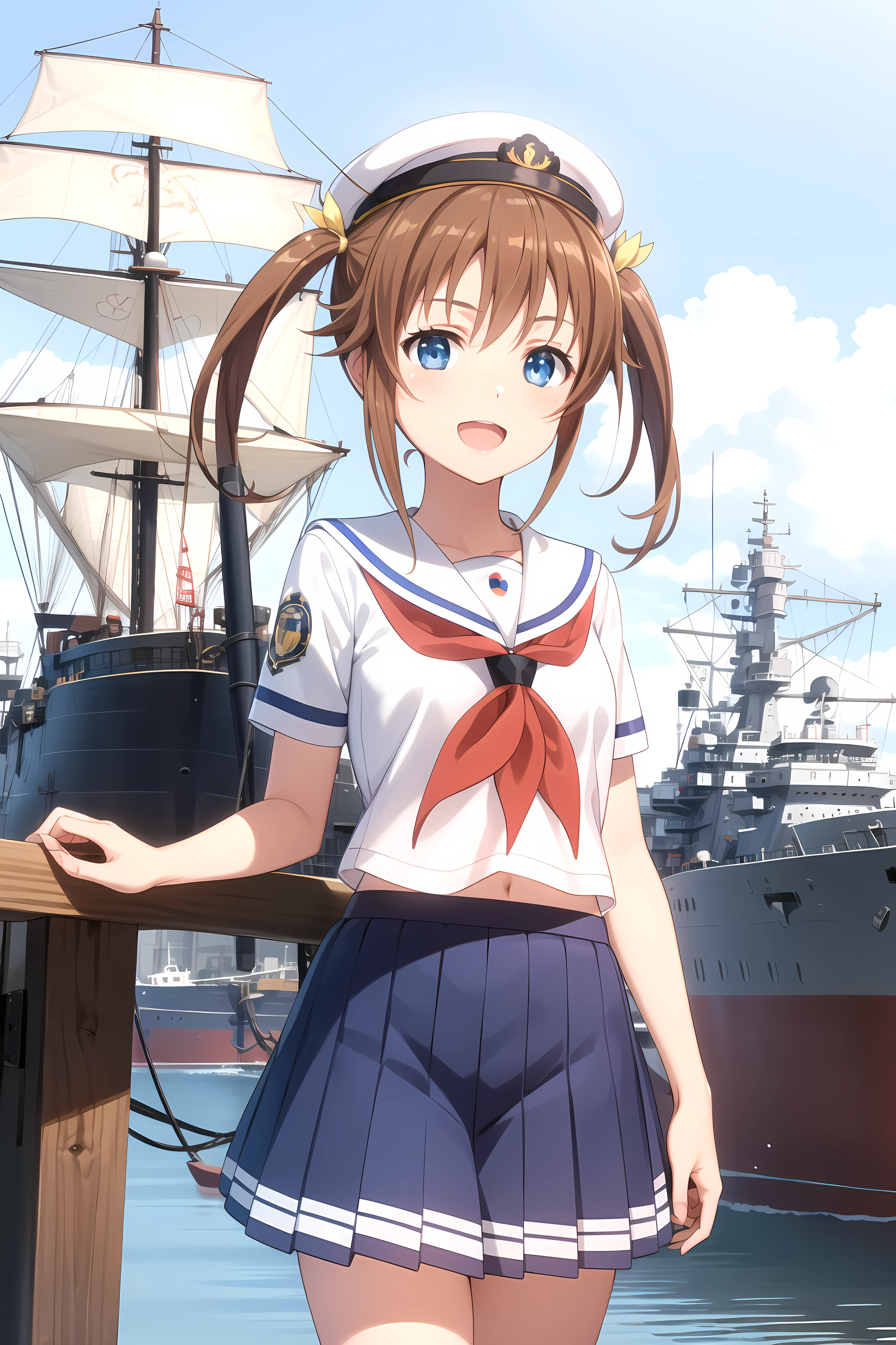 best quality, masterpiece, detailed,
<lora:HighSchoolFleet_MisakiAkeno:0.8>, MisakiAkeno,
1girl, smile, open mouth,
brown hair, blue eyes, short hair, twintails, hair ribbon, yellow ribbon,
serafuku, red neckerchief, blue skirt, sailor hat,
standing, looking at viewer, arms at sides,
ship