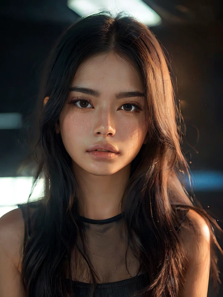 Best quality, masterpiece, ultra high res, (photorealistic:1.4), raw photo, 1girl, offshoulder, in the dark, deep shadow, low key, cold light, at a busy traffic