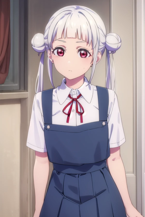 chisatoarashi, <lora:chisato arashi s2-lora-nochekaiser:1>,
chisato arashi, long hair, bangs, (red eyes:1.3), twintails, white hair, blunt bangs, hair bun, double bun,
BREAK shirt, dress, ribbon, school uniform, white shirt, short sleeves, collared shirt, red ribbon, neck ribbon, pinafore dress, grey dress, summer uniform, yuigaoka school uniform,
BREAK indoors, classroom,
BREAK looking at viewer, (cowboy shot:1.5),
BREAK <lyco:GoodHands-beta2:1>, (masterpiece:1.2), best quality, high resolution, unity 8k wallpaper, (illustration:0.8), (beautiful detailed eyes:1.6), extremely detailed face, perfect lighting, extremely detailed CG, (perfect hands, perfect anatomy),