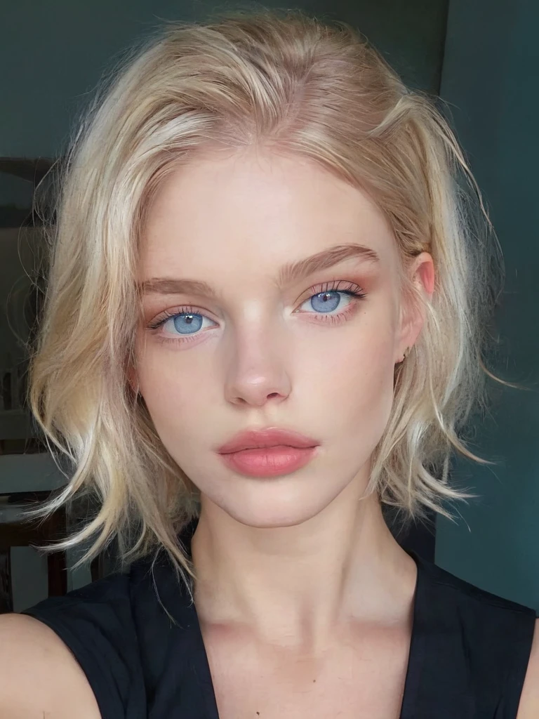 ultra detailed photo of a 25 years old beautiful woman,short straight blonde hair , thin pointy nose, ultra detailed face, beautiful big dark and light blue eyes ,big eyelashes, no makeup, suntan, slender, having a shower, water falling to her naked breast
