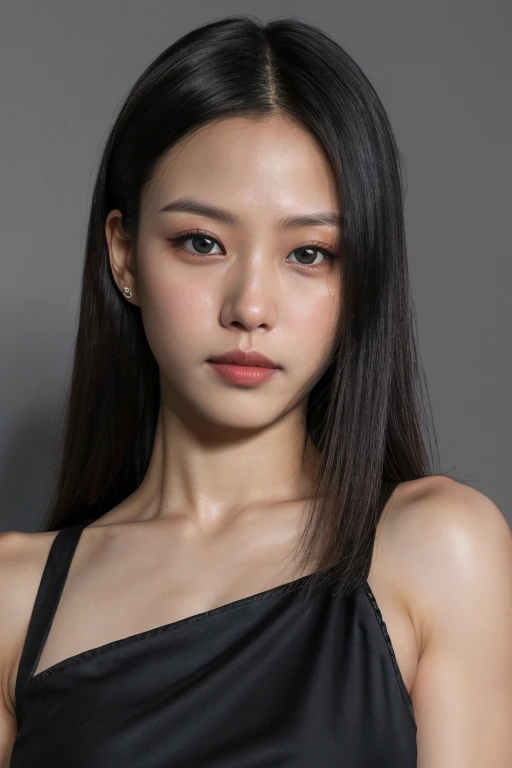 masterpiece, best quality, ultra-detailed, ultra high res, (photorealistic:1.4), raw photo, (realistic:0.2), 8k HDR, realistic lighting, 1girl, solo, (looking at viewer), asymmetrical hair, (detailed skin), (detailed face), (simple gray background :1.1), (upper body:1.5), simple dress, sleeveless,