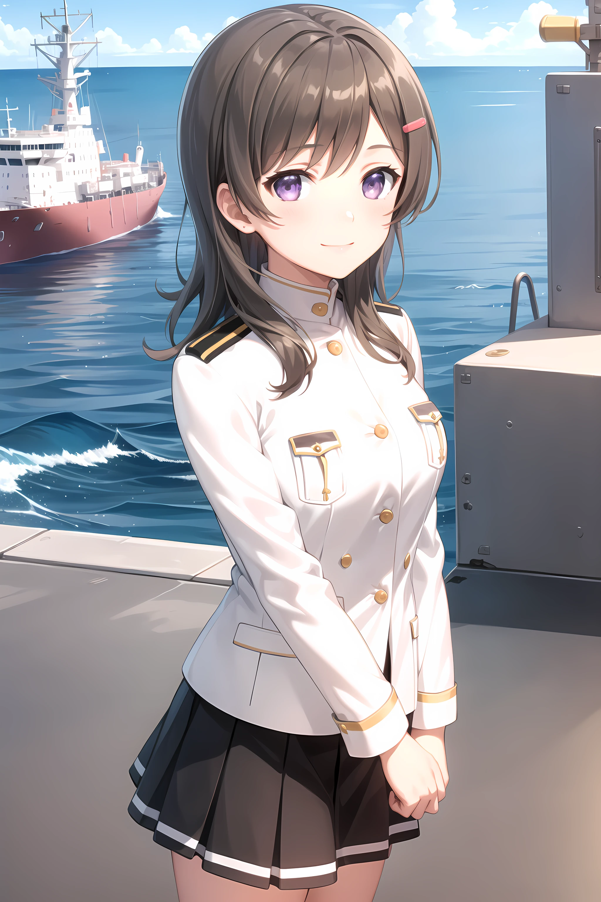 best quality, masterpiece, detailed,
<lora:HighSchoolFleet_ChinaMoeka:0.8>, ChinaMoeka,
1girl, closed mouth, light smile,
brown hair, purple eyes, long hair, hairclip,
military uniform, white jacket, breast pocket, black skirt,
standing, looking at viewer, arms at sides,
ocean, (ship, military vehicle:1.2)