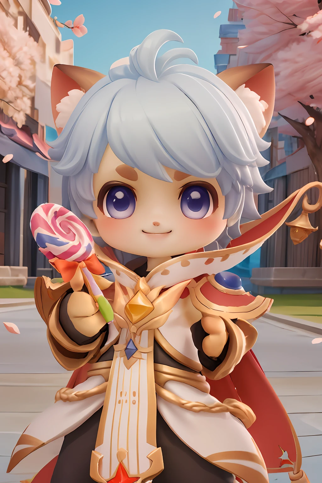 chibi, masterpiece, best quality, ultra-detailed, 1boy, solo, light blue hair,  ragnarok_doram_m, smile, holding candy, holding lollipop,  cowboy shot, looking at viewer,  cherry blossoms, Golden hour gleam theme, vivid colors, tranquil and magical atmosphere, cartoon rendering,
<lora:ragnarok_doram_m-10:0.8> <lora:add_detail:0.5>