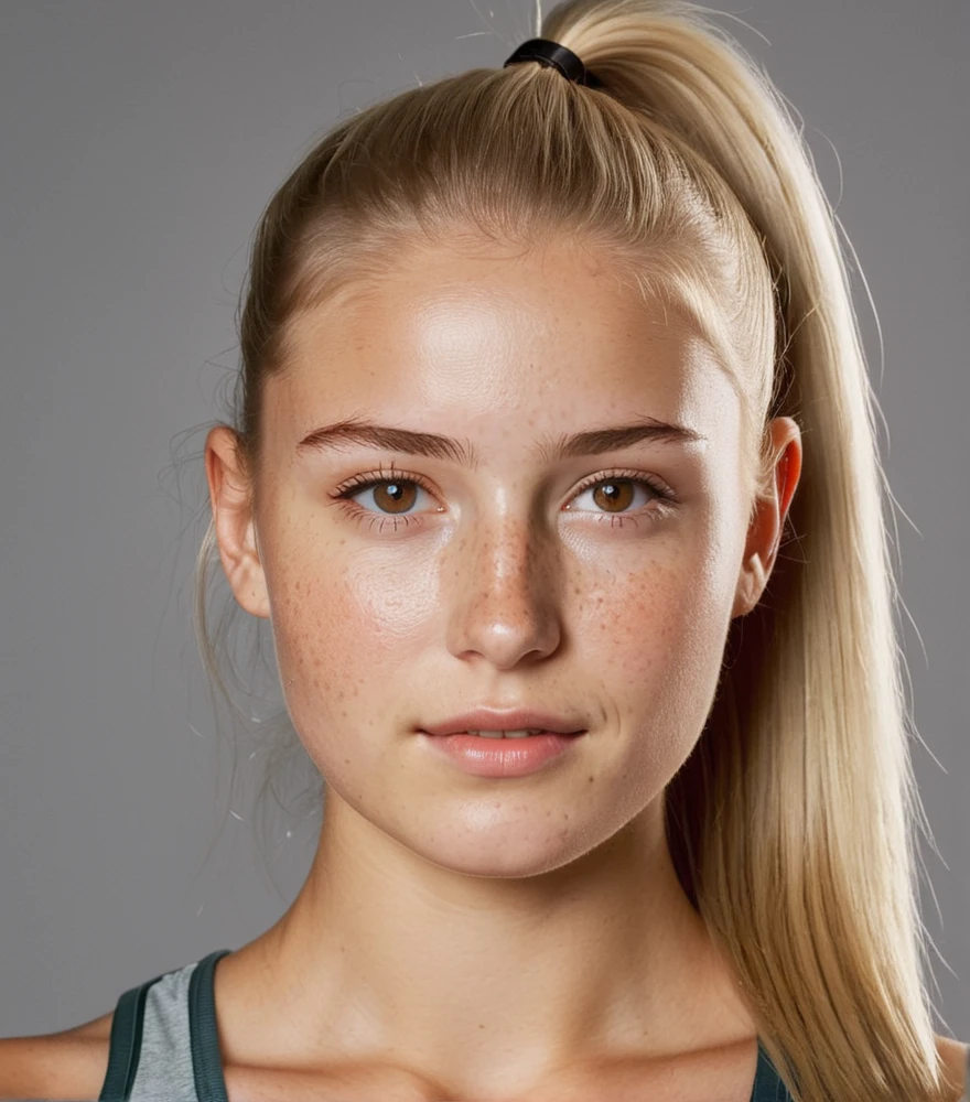 photo of a 20 years old girl with brown shiny eyes, blonde hair in a ponytail, rounded cheeks with some freckles, fit strong body