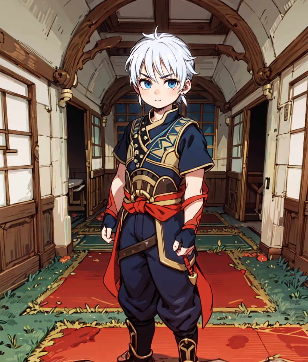 masterpiece, anime screencap, 1 boy, solo, white hair, blue eyes, short hair, earring, black gold outfit, white short sleeves, fingerless gloves, full body, indoors, chinese palace, cowboy shot <lora:Freyjadour:1>