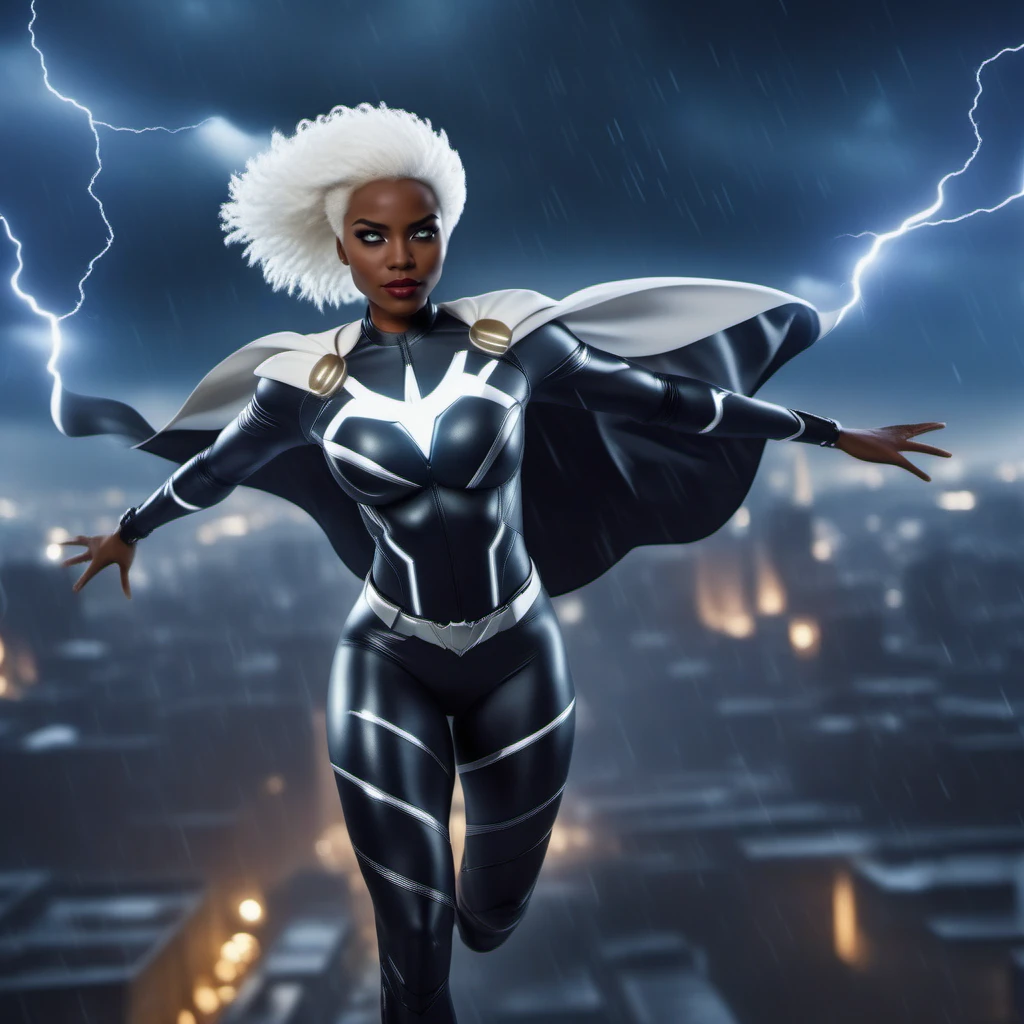 cinematic photo a black woman, full body, with white hair, super hero, storm, white eyes, flying over a city, powerfull in the rain, dramatic, masterpiece <lora:Storm1024-000105:0.8> . 35mm photograph, film, bokeh, professional, 4k, highly detailed