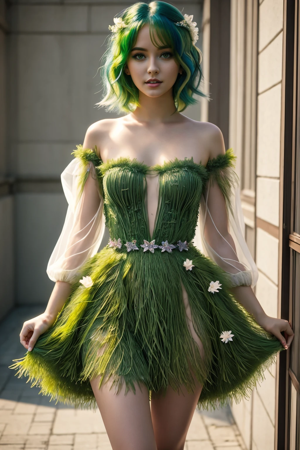 best quality, masterpiece, colorful, <lora:NSRusalka:1> NSRusalka, wearing NSRusalka, 1girl, green hair