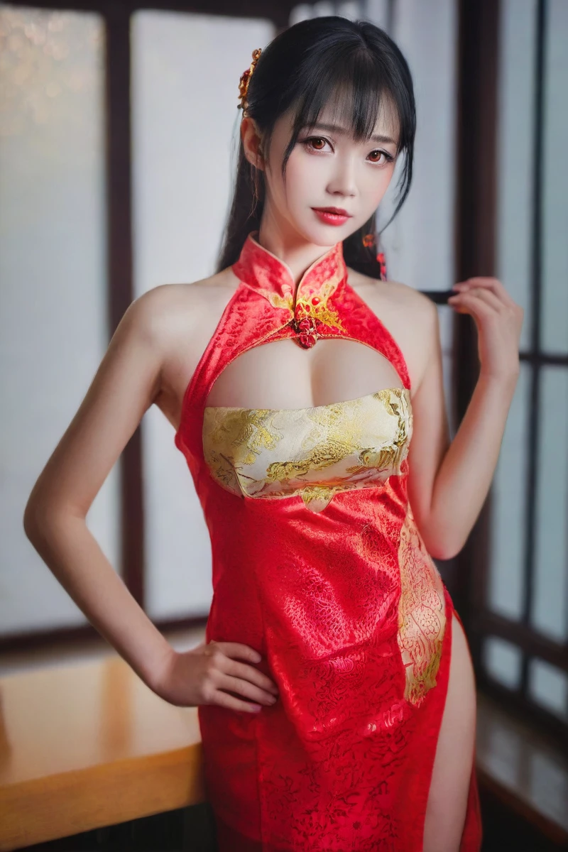 (Unity 16K Wallpaper, Masterpiece, Best Quality, Ultra-Detailed, Extremely Detailed CG, Beautiful Detailed Eyes, solo, curby, china dress, chinese clothes, thighs, voluptuous, Chinatown, arms behind hip), Ultra High Resolution, fine skin、sexy, Sweat, french braid, sitting